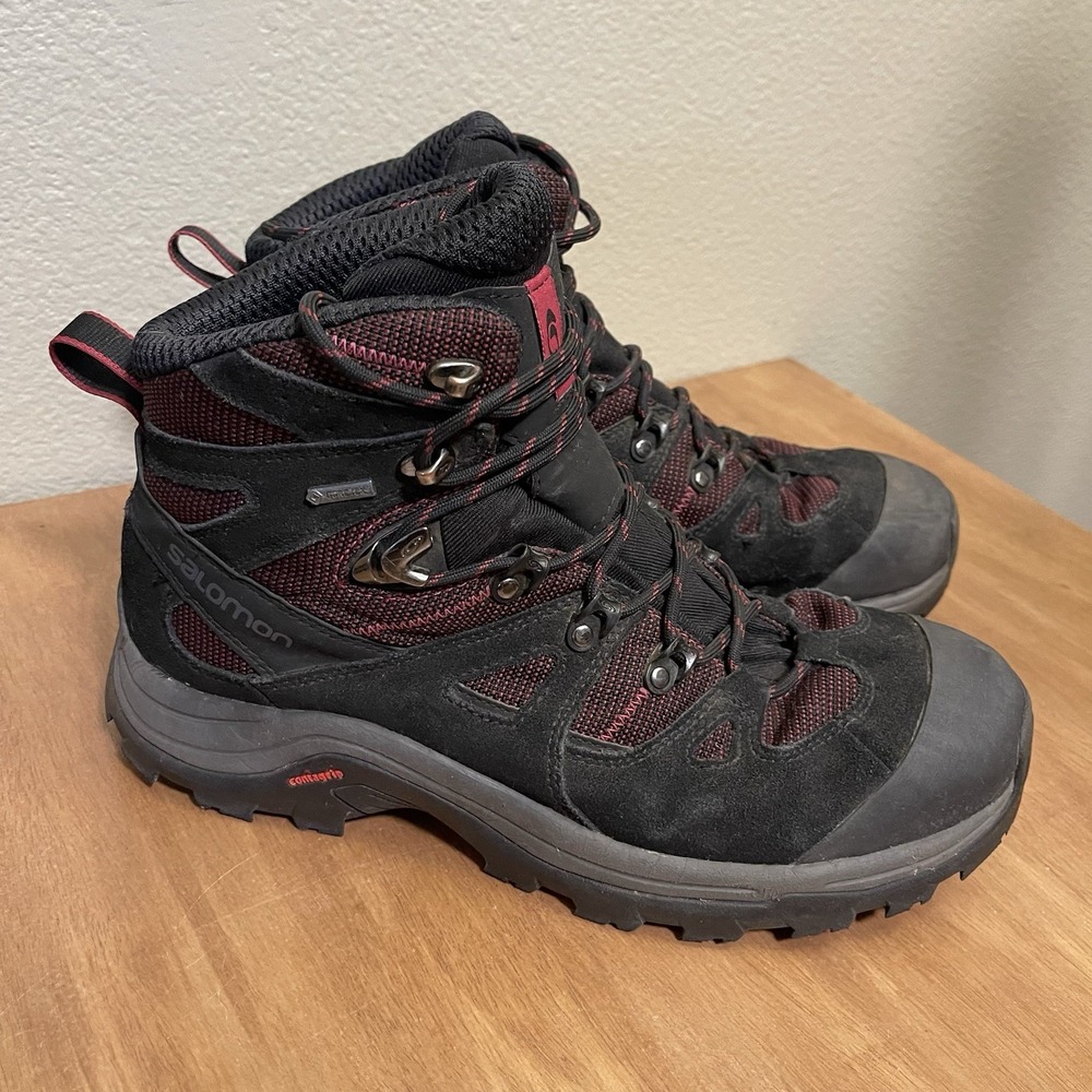 Salomon Women's Discovery GTX Hiking Boots Black Burgundy Rugged Outdoor Size 10